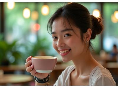 Woman enjoying a coffee at an outdoor cafe in Singapore, wearing a stylish smartwatch with a casual, chic outfit.