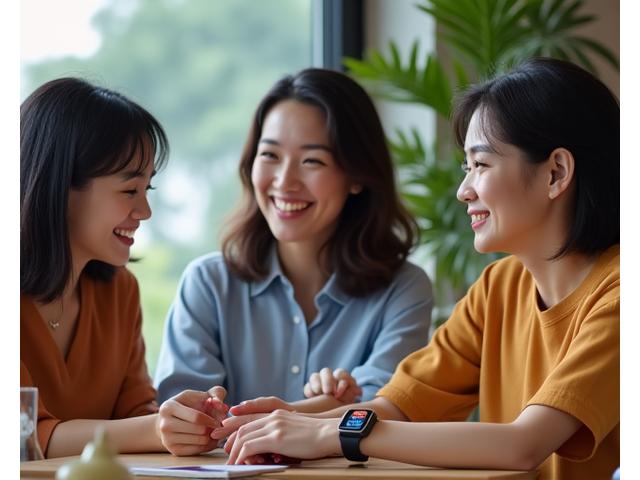A diverse group of women in Singapore connecting and collaborating, some checking smartwatches, symbolizing a modern tech community. Bright, collaborative space.