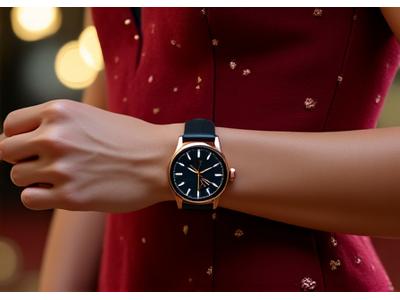 Woman in an elegant evening gown, wrist subtly adorned with a designer smartwatch, at a sophisticated Singapore gala event.