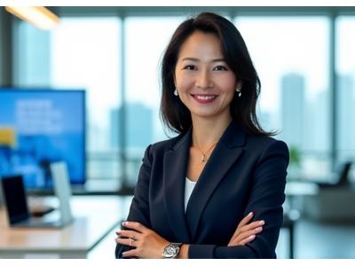 Successful Singaporean executive woman in a modern office, smiling confidently, with a smartwatch visible, symbolizing career and wellness balance.