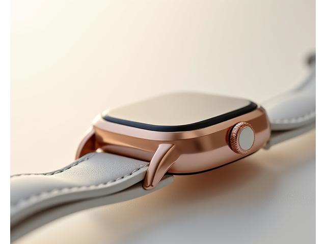 Close-up view of a designer smartwatch featuring rose gold casing, a ceramic back, and a finely crafted leather strap, highlighting its premium materials.
