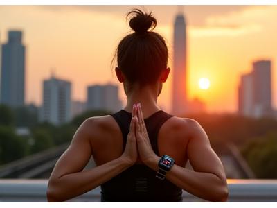 Fit Singaporean woman completing a yoga pose at sunrise on a scenic rooftop, her smartwatch prominently displayed, indicating fitness achievement.