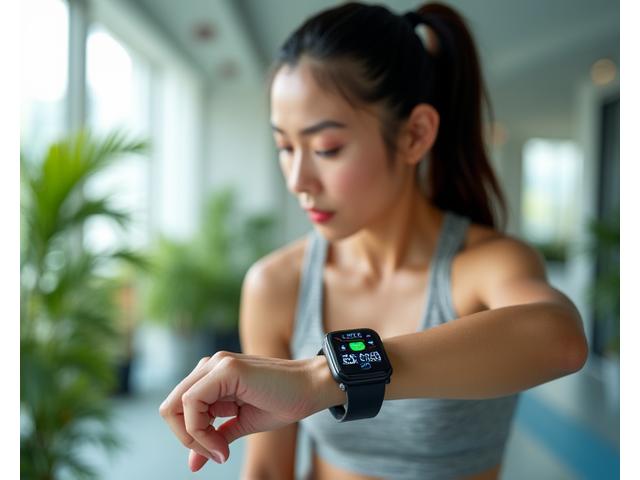 Woman in athletic wear completing a gentle workout, her smartwatch displaying exercise metrics and a nutrition overview, in a clean, modern gym.