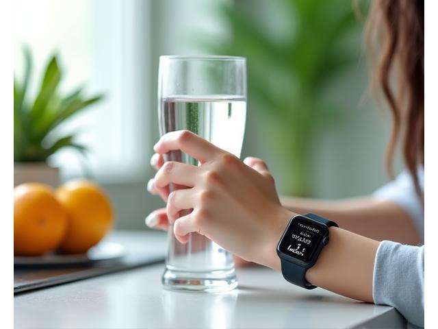 Woman holding a glass of water, while her smartwatch displays hydration tracking data, with a fresh, bright background of a health-conscious kitchen.