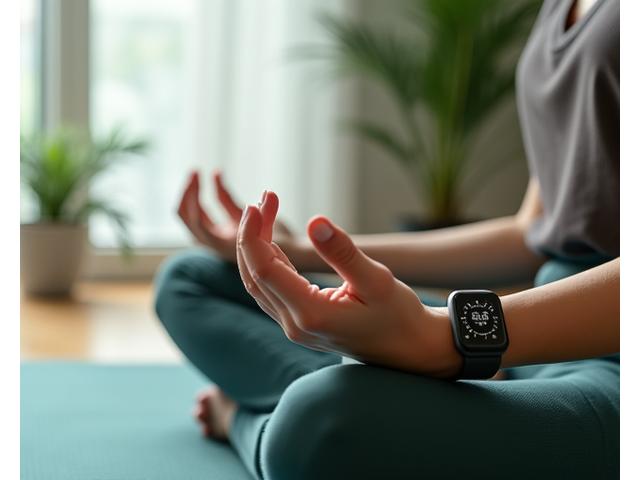 Woman practicing mindfulness meditation, with a smartwatch on her wrist displaying a calm, guided session interface, in a serene, modern indoor setting.