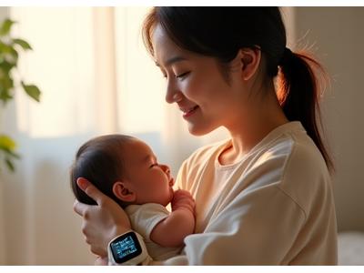 Smiling new mother in Singapore, interacting gently with her baby, her smartwatch discreetly visible, representing health and family management.