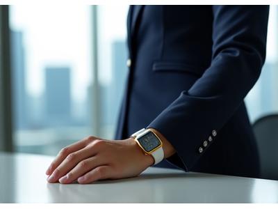 Woman in a tailored blazer wearing a sophisticated smartwatch in a Singapore CBD office setting.