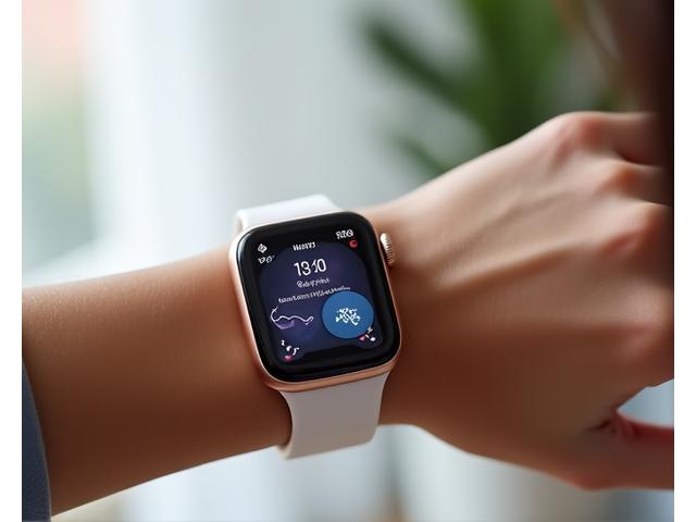 Close-up of a stylish smartwatch displaying women's health tracking features, including menstrual cycle phases and a heart rate monitor, on a sleek, minimalist interface.